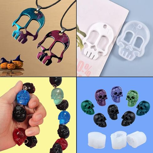 PopCiel 12 قطعة من قوالب جمجمة الراتنج قوالب جمجمة ثلاثية الأبعاد لراتنجات الإيبوكسي، قوالب راتينج السيليكون لتزيين الجمجمة لصنع الشموع، ديكور المنزل، ديكور الهالوين in Kuwait