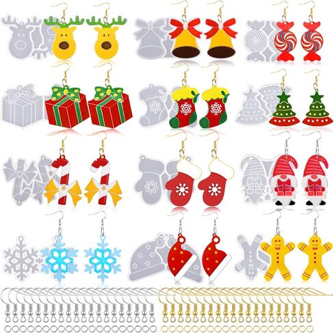 12 Pairs Christmas Earring Resin Molds with 120 Pcs Earring Hooks Christmas Earring Silicone Molds for Resin Casting Snowflake Elk Christmas Tree Resin Molds for Earring Jewelry DIY Handmade in Saudi Arabia