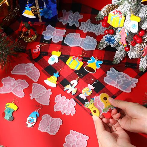 12 Pairs Christmas Earring Resin Molds with 120 Pcs Earring Hooks Christmas Earring Silicone Molds for Resin Casting Snowflake Elk Christmas Tree Resin Molds for Earring Jewelry DIY Handmade in Saudi Arabia