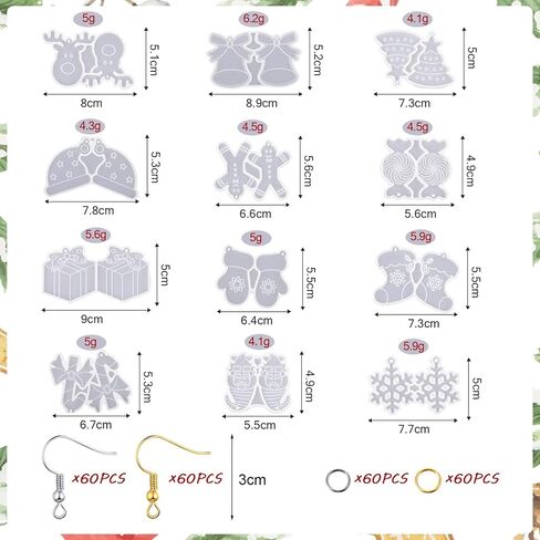 12 Pairs Christmas Earring Resin Molds with 120 Pcs Earring Hooks Christmas Earring Silicone Molds for Resin Casting Snowflake Elk Christmas Tree Resin Molds for Earring Jewelry DIY Handmade in Saudi Arabia