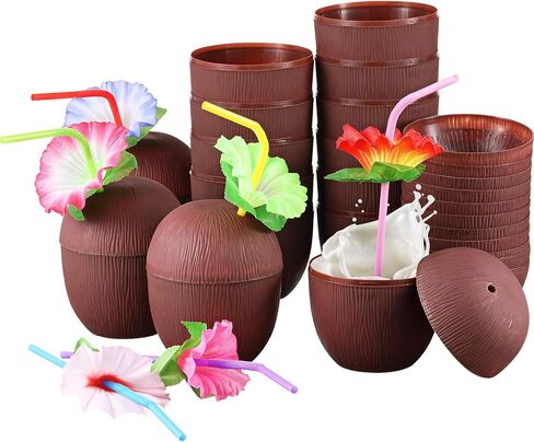 15 Pieces Coconut Cups with 15 Pieces Plastic Colorful Hibiscus Straws for Hawaiian Luau Kids Party Summer Beach Party Tiki and Beach Theme Party Drink or Decoration Cups in Saudi Arabia