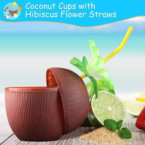 15 Pieces Coconut Cups with 15 Pieces Plastic Colorful Hibiscus Straws for Hawaiian Luau Kids Party Summer Beach Party Tiki and Beach Theme Party Drink or Decoration Cups in Saudi Arabia
