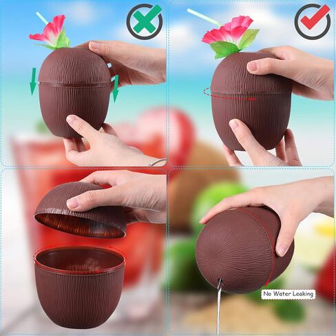 15 Pieces Coconut Cups with 15 Pieces Plastic Colorful Hibiscus Straws for Hawaiian Luau Kids Party Summer Beach Party Tiki and Beach Theme Party Drink or Decoration Cups in Saudi Arabia