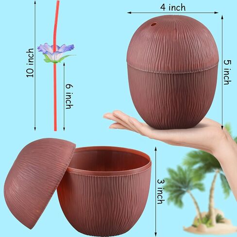 15 Pieces Coconut Cups with 15 Pieces Plastic Colorful Hibiscus Straws for Hawaiian Luau Kids Party Summer Beach Party Tiki and Beach Theme Party Drink or Decoration Cups in Saudi Arabia