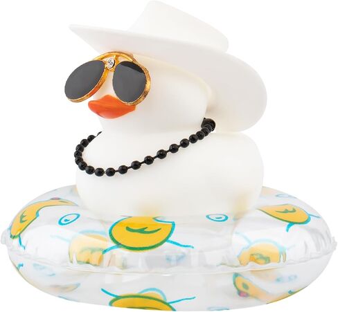 wonuu Rubber Duck Car Decorations Cute Car Accessories Dashboard Car Ornament with Cowboy Hat Swim Ring Colour Necklace and Sunglasses,F_Pink red Necklace Dolphin Ring Sunflower hat in Kuwait