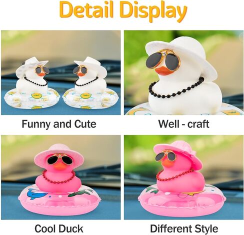wonuu Rubber Duck Car Decorations Cute Car Accessories Dashboard Car Ornament with Cowboy Hat Swim Ring Colour Necklace and Sunglasses,F_Pink red Necklace Dolphin Ring Sunflower hat in Kuwait
