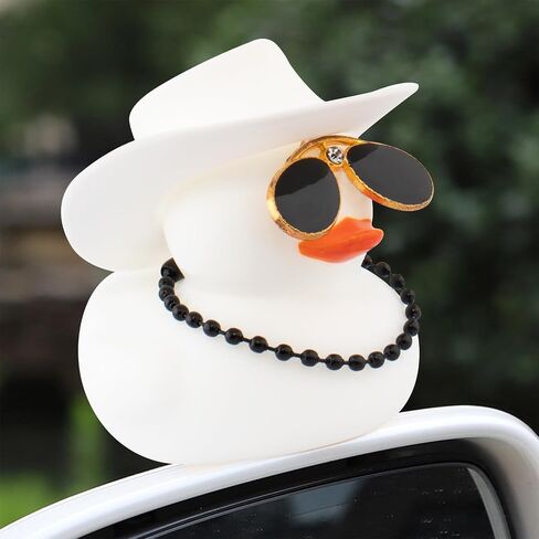 wonuu Rubber Duck Car Decorations Cute Car Accessories Dashboard Car Ornament with Cowboy Hat Swim Ring Colour Necklace and Sunglasses,F_Pink red Necklace Dolphin Ring Sunflower hat in Kuwait