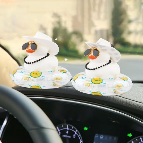 wonuu Rubber Duck Car Decorations Cute Car Accessories Dashboard Car Ornament with Cowboy Hat Swim Ring Colour Necklace and Sunglasses,F_Pink red Necklace Dolphin Ring Sunflower hat in Kuwait