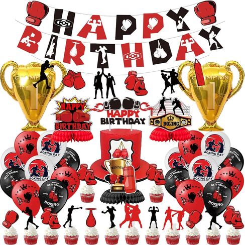 لوازم حفلات اعياد الميلاد للملاكمة، مجموعة حفلات المصارعة تتضمن لافتة واكليل ملاكمة وبالونات وزينة كيك وبالونات من رقائق الالومنيوم بطل الابطال واقراص العسل الرياضية للمعجبين in Kuwait
