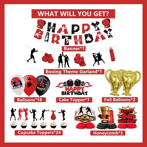 لوازم حفلات اعياد الميلاد للملاكمة، مجموعة حفلات المصارعة تتضمن لافتة واكليل ملاكمة وبالونات وزينة كيك وبالونات من رقائق الالومنيوم بطل الابطال واقراص العسل الرياضية للمعجبين in Kuwait