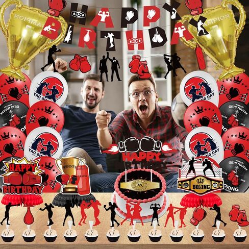 لوازم حفلات اعياد الميلاد للملاكمة، مجموعة حفلات المصارعة تتضمن لافتة واكليل ملاكمة وبالونات وزينة كيك وبالونات من رقائق الالومنيوم بطل الابطال واقراص العسل الرياضية للمعجبين in Kuwait