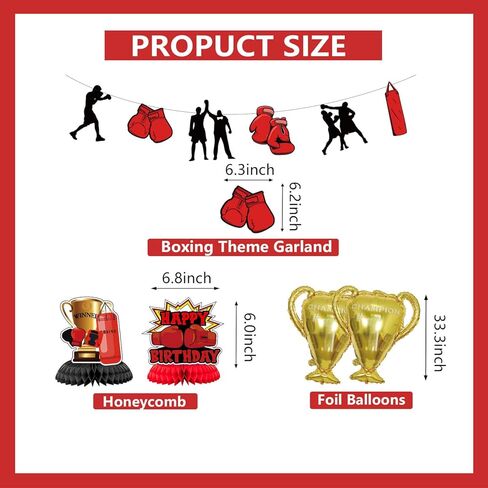 لوازم حفلات اعياد الميلاد للملاكمة، مجموعة حفلات المصارعة تتضمن لافتة واكليل ملاكمة وبالونات وزينة كيك وبالونات من رقائق الالومنيوم بطل الابطال واقراص العسل الرياضية للمعجبين in Kuwait