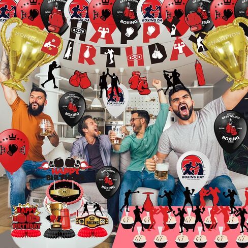 لوازم حفلات اعياد الميلاد للملاكمة، مجموعة حفلات المصارعة تتضمن لافتة واكليل ملاكمة وبالونات وزينة كيك وبالونات من رقائق الالومنيوم بطل الابطال واقراص العسل الرياضية للمعجبين in Kuwait