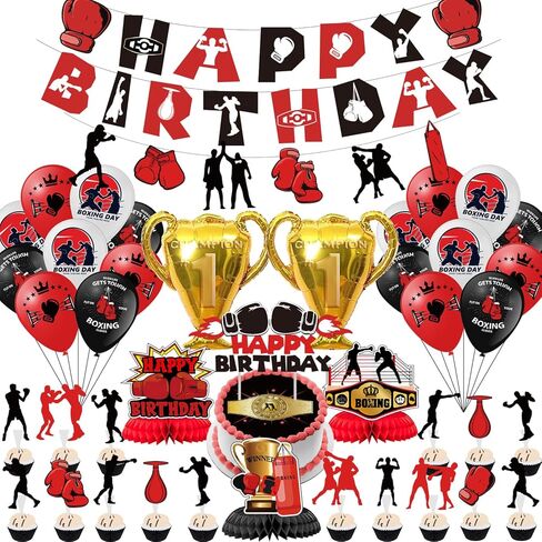 لوازم حفلات اعياد الميلاد للملاكمة، مجموعة حفلات المصارعة تتضمن لافتة واكليل ملاكمة وبالونات وزينة كيك وبالونات من رقائق الالومنيوم بطل الابطال واقراص العسل الرياضية للمعجبين in Kuwait