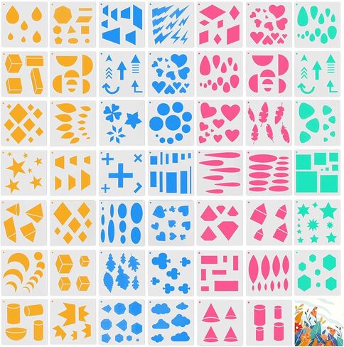 RYKOMO 48 Pieces Shape Stencils for Kids, 5.1 x 5.1 Inch Basic Shape Drawing Stencils Chalk Stencils Washable Plastic Drawing Stencil Geometric Shape Stencil Template for Kids Toddlers Preschooler in Kuwait