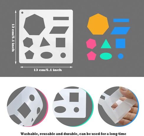 RYKOMO 48 Pieces Shape Stencils for Kids, 5.1 x 5.1 Inch Basic Shape Drawing Stencils Chalk Stencils Washable Plastic Drawing Stencil Geometric Shape Stencil Template for Kids Toddlers Preschooler in Kuwait