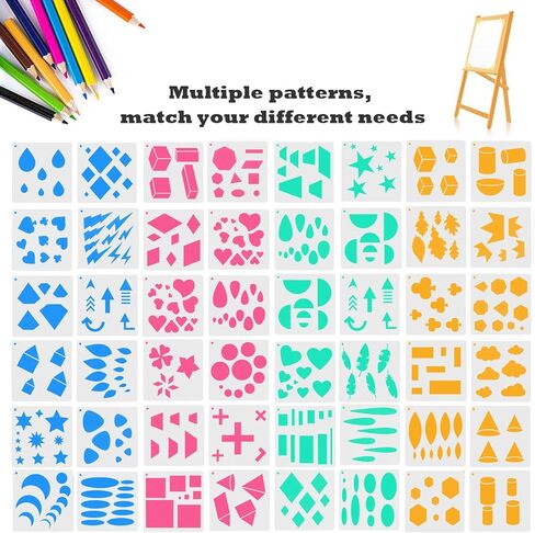RYKOMO 48 Pieces Shape Stencils for Kids, 5.1 x 5.1 Inch Basic Shape Drawing Stencils Chalk Stencils Washable Plastic Drawing Stencil Geometric Shape Stencil Template for Kids Toddlers Preschooler in Kuwait