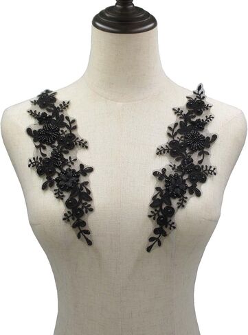 Trimscraft الترتر كريستال مطرز يزين زوج بقع الدانتيل الزهور نمط رايون مطرزة على شبكة دعم حزمة من 1 زوج (أسود) in Kuwait