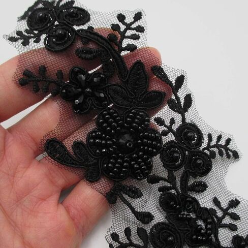 Trimscraft الترتر كريستال مطرز يزين زوج بقع الدانتيل الزهور نمط رايون مطرزة على شبكة دعم حزمة من 1 زوج (أسود) in Kuwait