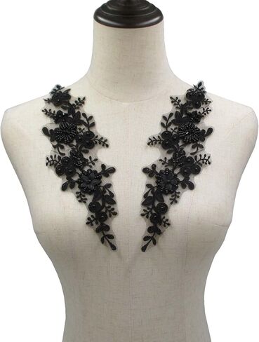 Trimscraft الترتر كريستال مطرز يزين زوج بقع الدانتيل الزهور نمط رايون مطرزة على شبكة دعم حزمة من 1 زوج (أسود) in Kuwait