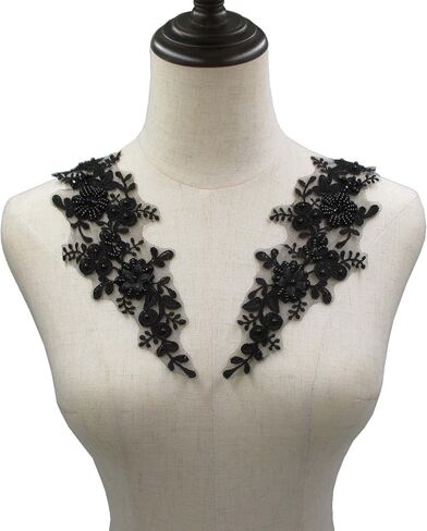 Trimscraft الترتر كريستال مطرز يزين زوج بقع الدانتيل الزهور نمط رايون مطرزة على شبكة دعم حزمة من 1 زوج (أسود) in Kuwait