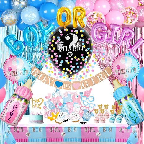 JOYYPOP Gender Reveal Decorations 105pcs Gender Reveal Party Supplies with Gender Reveal Balloon,Tablecloth,Boy OR Girl Foil Balloon,Blue or Pink Printed Balloons,Photo Props for Gender Reveal Party in Kuwait