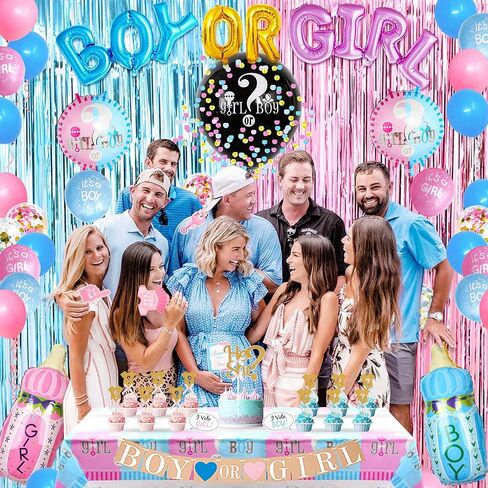 JOYYPOP Gender Reveal Decorations 105pcs Gender Reveal Party Supplies with Gender Reveal Balloon,Tablecloth,Boy OR Girl Foil Balloon,Blue or Pink Printed Balloons,Photo Props for Gender Reveal Party in Kuwait