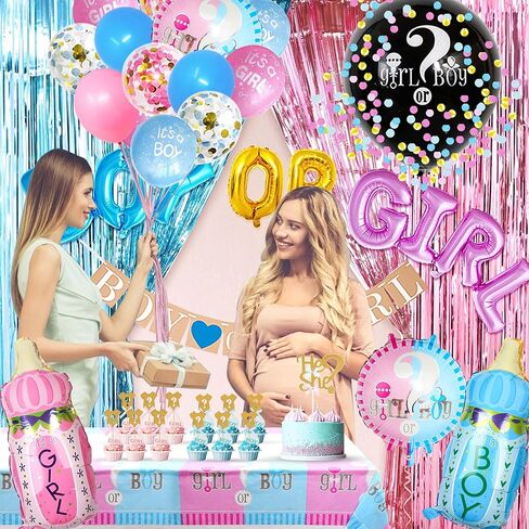 JOYYPOP Gender Reveal Decorations 105pcs Gender Reveal Party Supplies with Gender Reveal Balloon,Tablecloth,Boy OR Girl Foil Balloon,Blue or Pink Printed Balloons,Photo Props for Gender Reveal Party in Kuwait