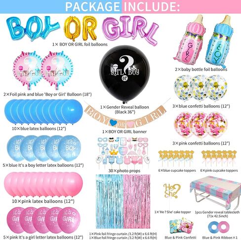 JOYYPOP Gender Reveal Decorations 105pcs Gender Reveal Party Supplies with Gender Reveal Balloon,Tablecloth,Boy OR Girl Foil Balloon,Blue or Pink Printed Balloons,Photo Props for Gender Reveal Party in Kuwait