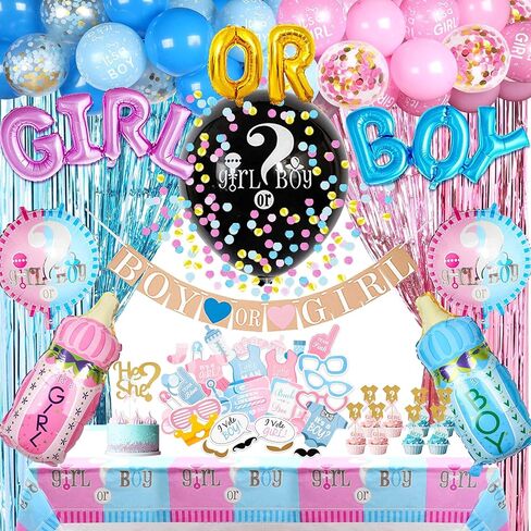 JOYYPOP Gender Reveal Decorations 105pcs Gender Reveal Party Supplies with Gender Reveal Balloon,Tablecloth,Boy OR Girl Foil Balloon,Blue or Pink Printed Balloons,Photo Props for Gender Reveal Party in Kuwait