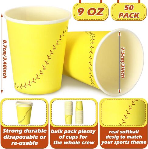 50 Pieces Softball Theme Cups 9 oz Disposable Paper Cups with Yellow Background Softball Party Favors Softball Birthday Party Supplies Sports Cup Cake Paper Cup for Game Day Party Family Dinner in Saudi Arabia