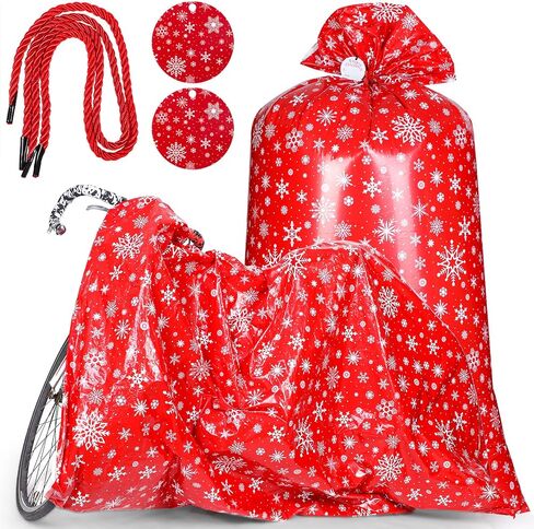 2 Sets 70 x 40 Inch Jumbo Christmas Gift Bag Red White Snowflakes Gift Wrapping Bags Extra Large Gift Bags for Presents Giant Xmas Plastic Gift Bags with Cord Tie and Gift Tags for Xmas Party Favors in Saudi Arabia