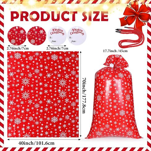2 Sets 70 x 40 Inch Jumbo Christmas Gift Bag Red White Snowflakes Gift Wrapping Bags Extra Large Gift Bags for Presents Giant Xmas Plastic Gift Bags with Cord Tie and Gift Tags for Xmas Party Favors in Saudi Arabia