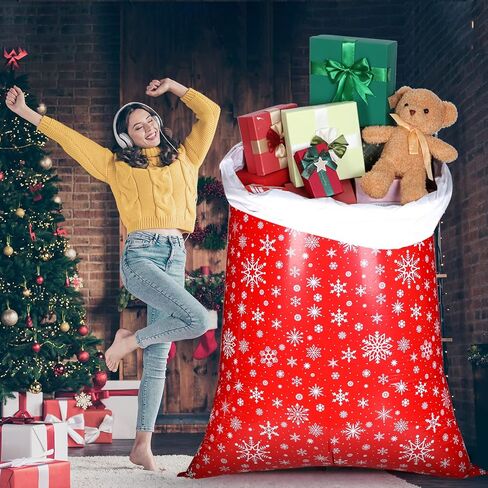 2 Sets 70 x 40 Inch Jumbo Christmas Gift Bag Red White Snowflakes Gift Wrapping Bags Extra Large Gift Bags for Presents Giant Xmas Plastic Gift Bags with Cord Tie and Gift Tags for Xmas Party Favors in Saudi Arabia
