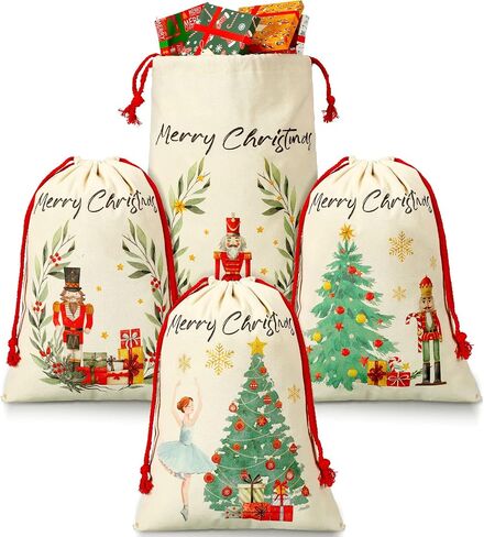 Moukeren 4 Pcs Christmas Sack Bag Christmas Gift Bag with Drawstring Canvas Christmas Nutcrackers Decorations Reusable Giant Santa Bag Xmas Gift Wrap Bags for Christmas Party Decoration(Pink) in Saudi Arabia