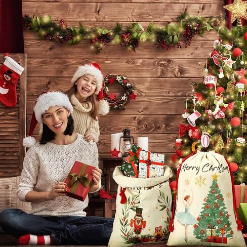 Moukeren 4 Pcs Christmas Sack Bag Christmas Gift Bag with Drawstring Canvas Christmas Nutcrackers Decorations Reusable Giant Santa Bag Xmas Gift Wrap Bags for Christmas Party Decoration(Pink) in Saudi Arabia