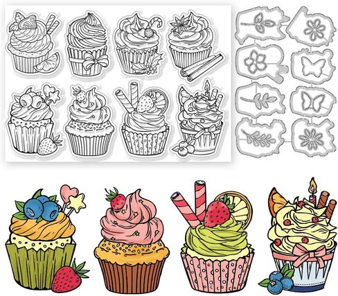 GLOBLELAND Cupcake Clear Stamps and Cutting Dies Cupcake Stamps and Embossing Die Cuts Silicone Stamp Cards and Metal Cutting Die for Card Making and DIY Embossing Scrapbooking in Saudi Arabia