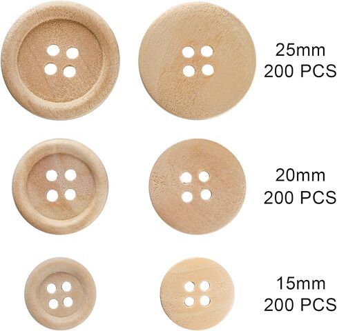 Tosnail 600 Pieces Wooden Buttons Round Blank Wood Buttons for Crafts and Sewing Project - 15mm, 20mm, 25mm, 4 Holes, Natural Color in Saudi Arabia