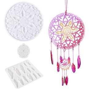 قوالب سيليكون من Woohome Dreamcatcher لراتنجات الإيبوكسي، قوالب راتنج صائد الأحلام، طقم سلسلة مفاتيح على شكل ريش للتعليق على الحائط مع حلقات قفز، سلسلة لتزيين المنزل الحرفي