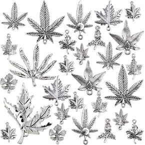 BronaGrand 100 Gram Antique Silver Maple Leaves Charms Marijuana Leaf Pendants Alloy Cannabis Tree Leaves Charms for DIY Jewelry Making Craft Supplies, Mixed Styles