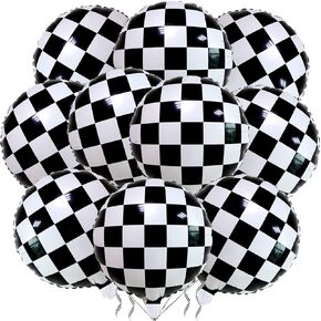 12 Pack 18 Inch Checkered Racing Balloons Helium Foil Mylar Black and White Checkered Balloons for Race Car Themed Party Birthday Festival Decorations Supplies