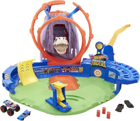 Hot Wheels Monster Trucks T-Rex Volcano Playset with 1:64 Scale Race Ace Toy Truck & 1 Toy Car, Track Set with Dinosaur Nemesis in Saudi Arabia