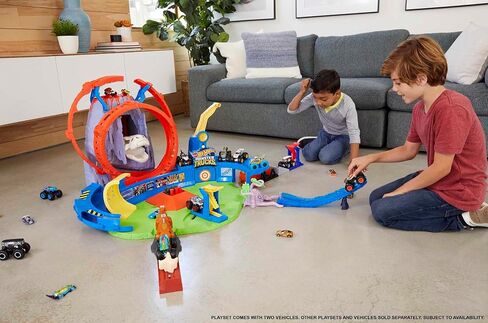 Hot Wheels Monster Trucks T-Rex Volcano Playset with 1:64 Scale Race Ace Toy Truck & 1 Toy Car, Track Set with Dinosaur Nemesis in Saudi Arabia