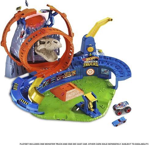Hot Wheels Monster Trucks T-Rex Volcano Playset with 1:64 Scale Race Ace Toy Truck & 1 Toy Car, Track Set with Dinosaur Nemesis in Saudi Arabia