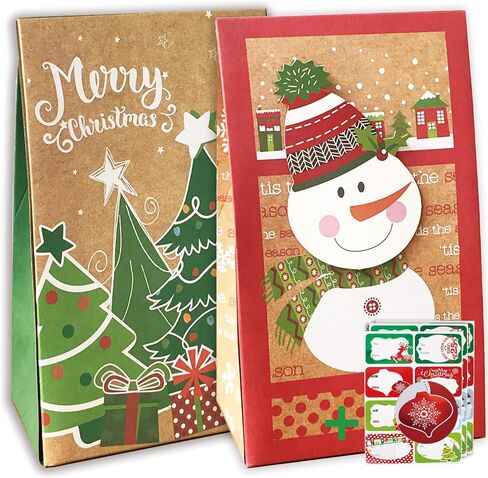 24 Christmas Cookie Bags for Gift Giving with Xmas 80 Gifts Stickers,Small Assorted holiday party Paper Kraft favor Goody Boxes Bulk for Packing,food treat container for wrapping in Kuwait