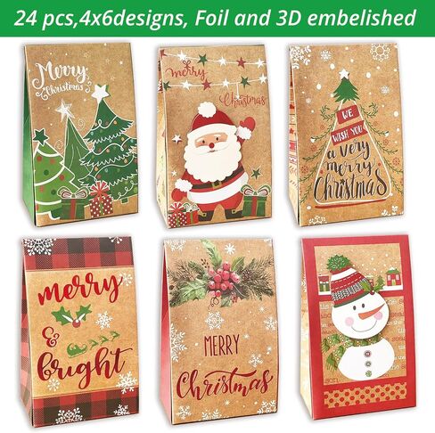 24 Christmas Cookie Bags for Gift Giving with Xmas 80 Gifts Stickers,Small Assorted holiday party Paper Kraft favor Goody Boxes Bulk for Packing,food treat container for wrapping in Kuwait