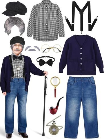 AOTHSO 14 Pieces 100 Days of School Costume Set Kids Old Man Costume Kit Grandpa Costume Accessories for Kids Boys Cosplay in Kuwait