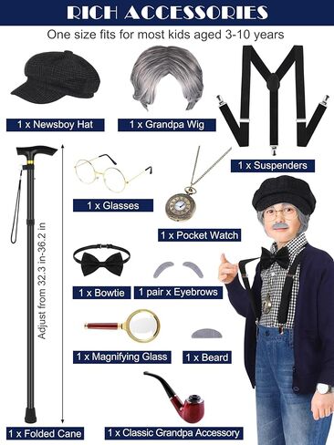 AOTHSO 14 Pieces 100 Days of School Costume Set Kids Old Man Costume Kit Grandpa Costume Accessories for Kids Boys Cosplay in Kuwait