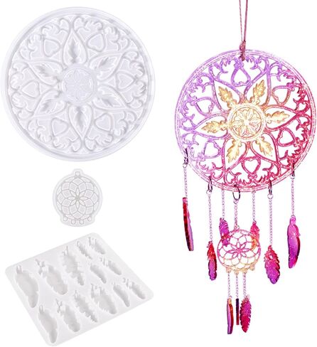 Woohome Dreamcatcher Silicone Molds for Epoxy Resin, Dream Catcher Resin Moulds, Wall Hanging Feather Pendant Keychain Kit with Jump Rings, String for Craft Home Decoration in Kuwait