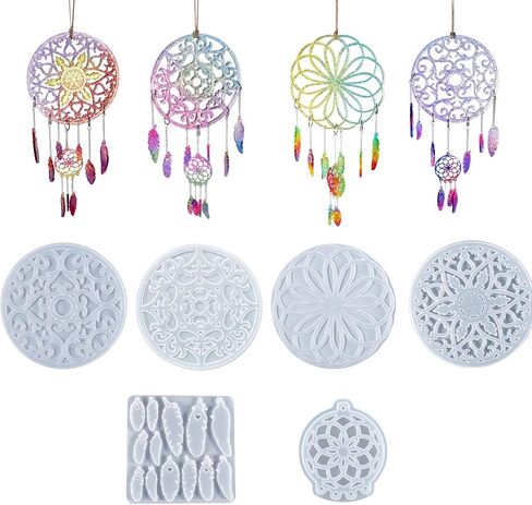 قوالب سيليكون من Woohome Dreamcatcher لراتنجات الإيبوكسي، قوالب راتنج صائد الأحلام، طقم سلسلة مفاتيح على شكل ريش للتعليق على الحائط مع حلقات قفز، سلسلة لتزيين المنزل الحرفي in Kuwait